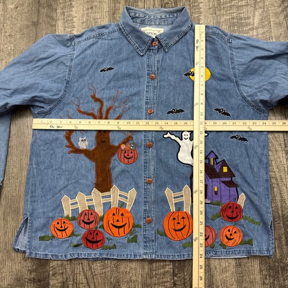 Vintage 90s Tantrums Halloween Pumpkin Spooky Denim Button Shirt - Picture 3 of 8
